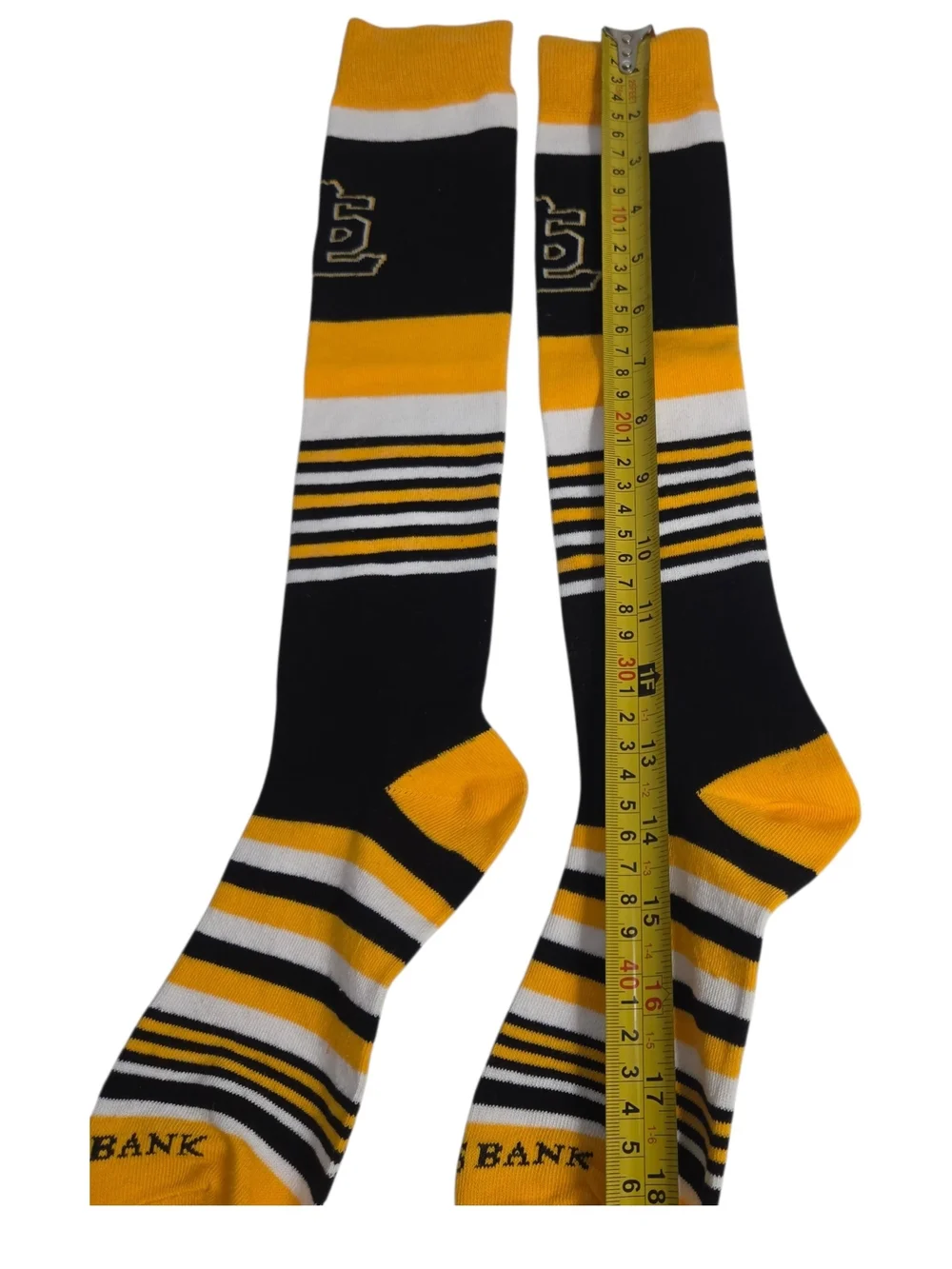 Men's Black & Yellow Striped Knee-High Socks with White Accents. Size 10-13